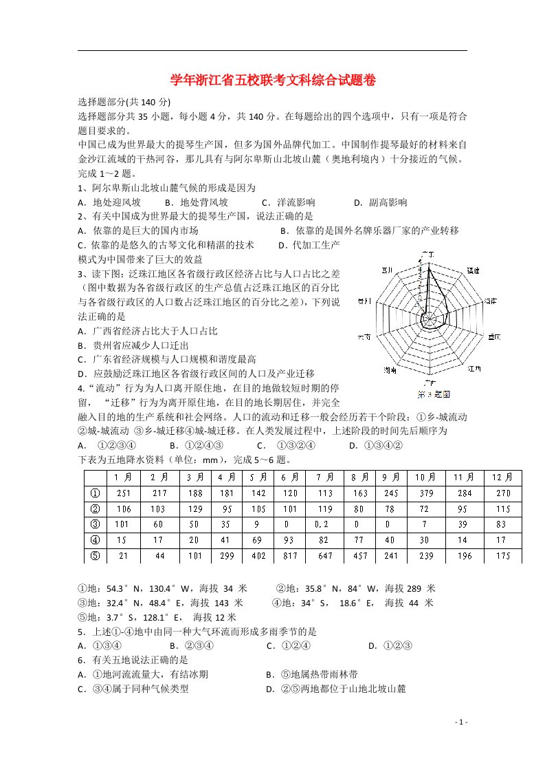 浙江省五校联盟文综高三下学期第二次联考试题