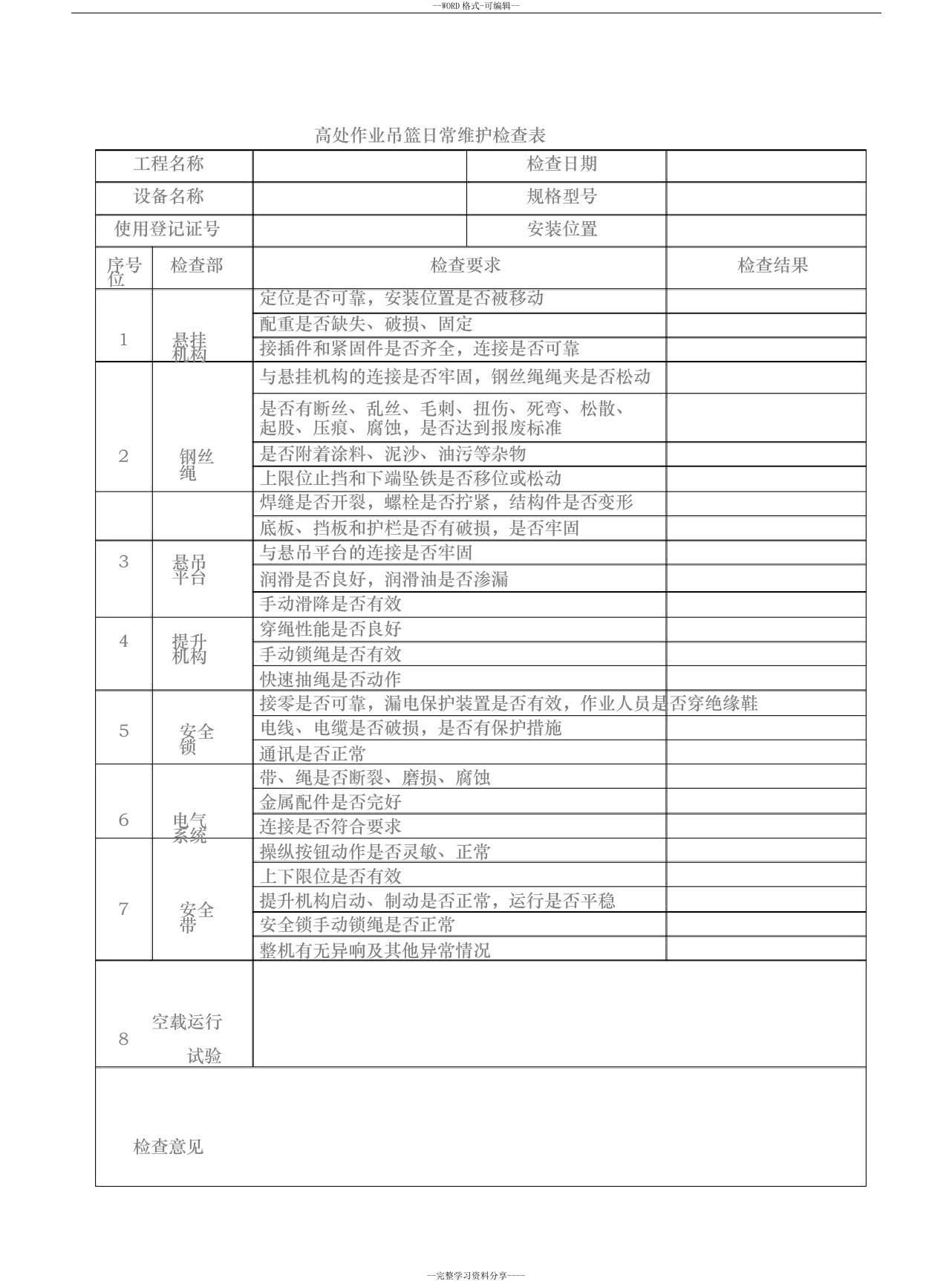 高处作业吊篮日常维护检查表