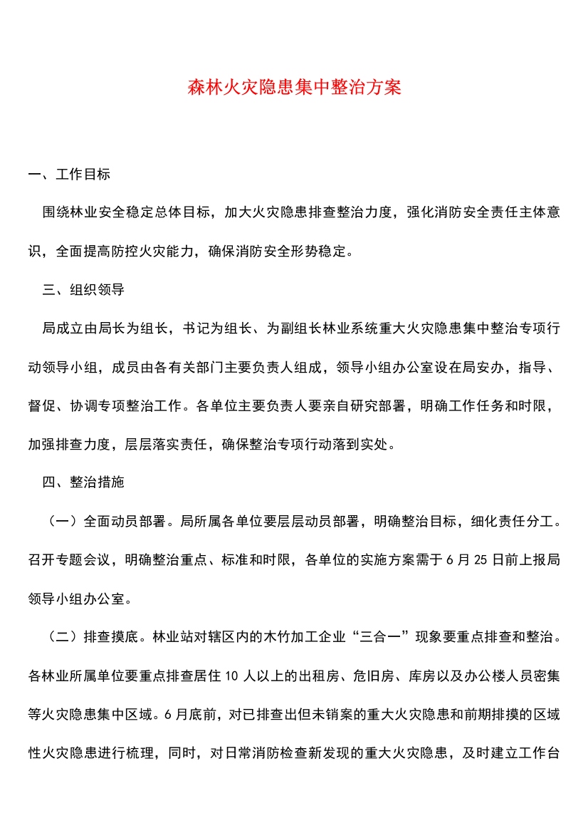 森林火灾隐患集中整治方案