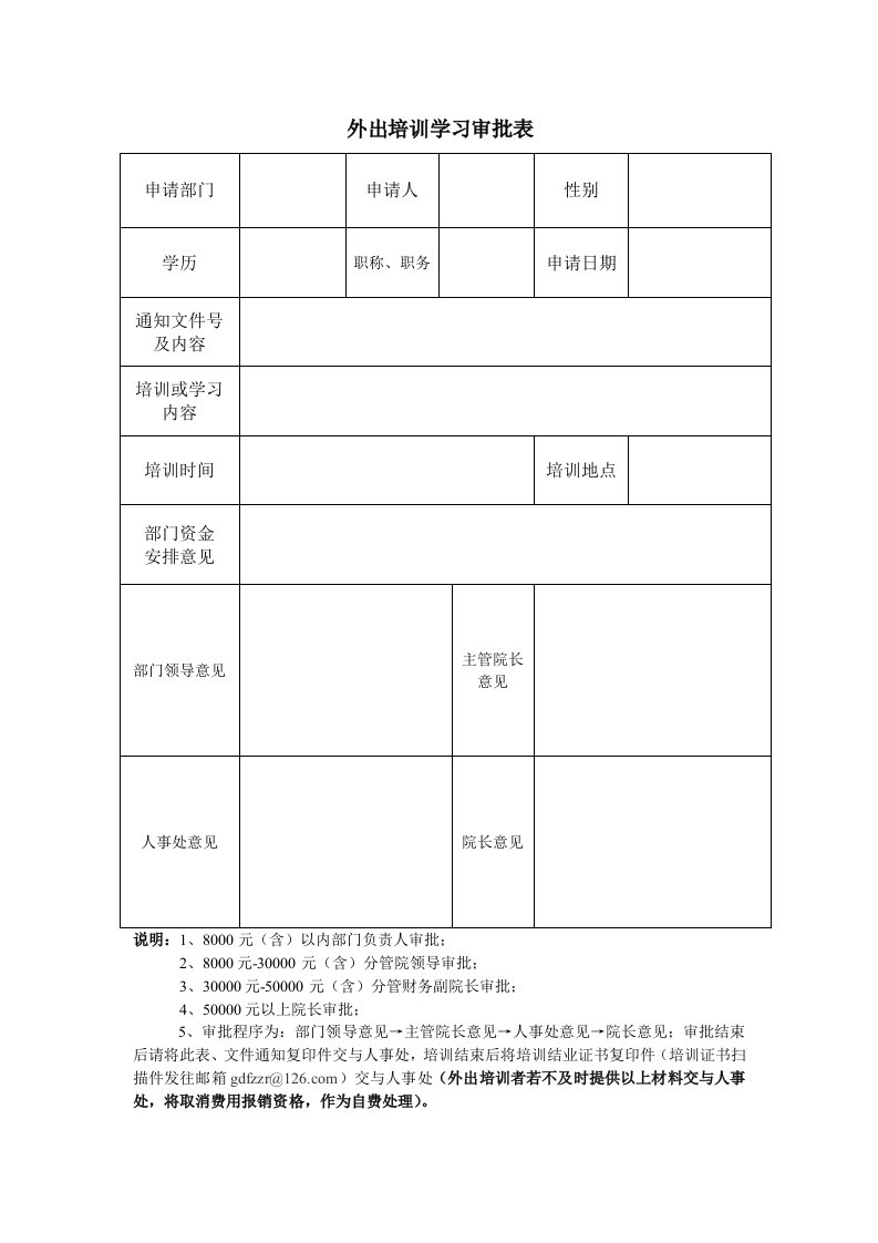 外出培训学习审批表