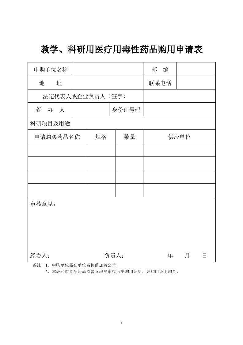 教学、科研用医疗用毒性药品购用申请表