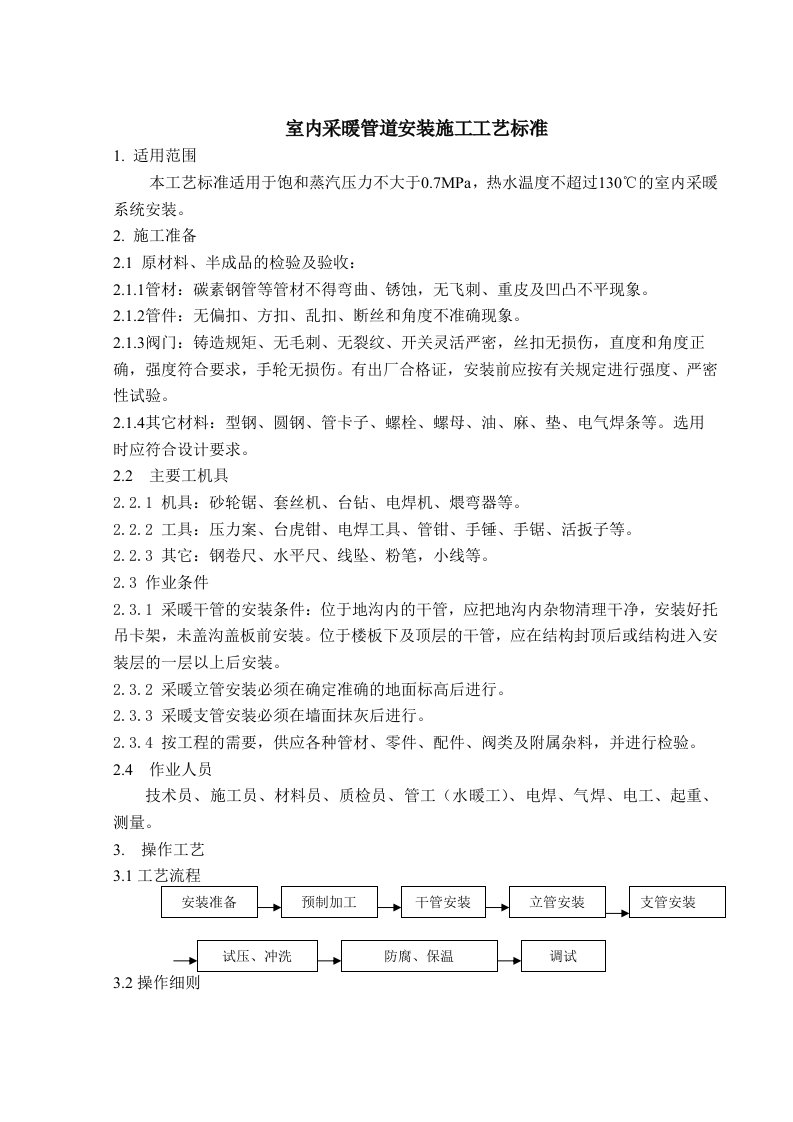 室内采暖管道安装施工工艺标准