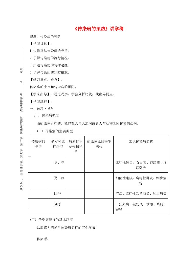 七年级生物下册《传染病的预防》讲学稿(无答案)冀少版