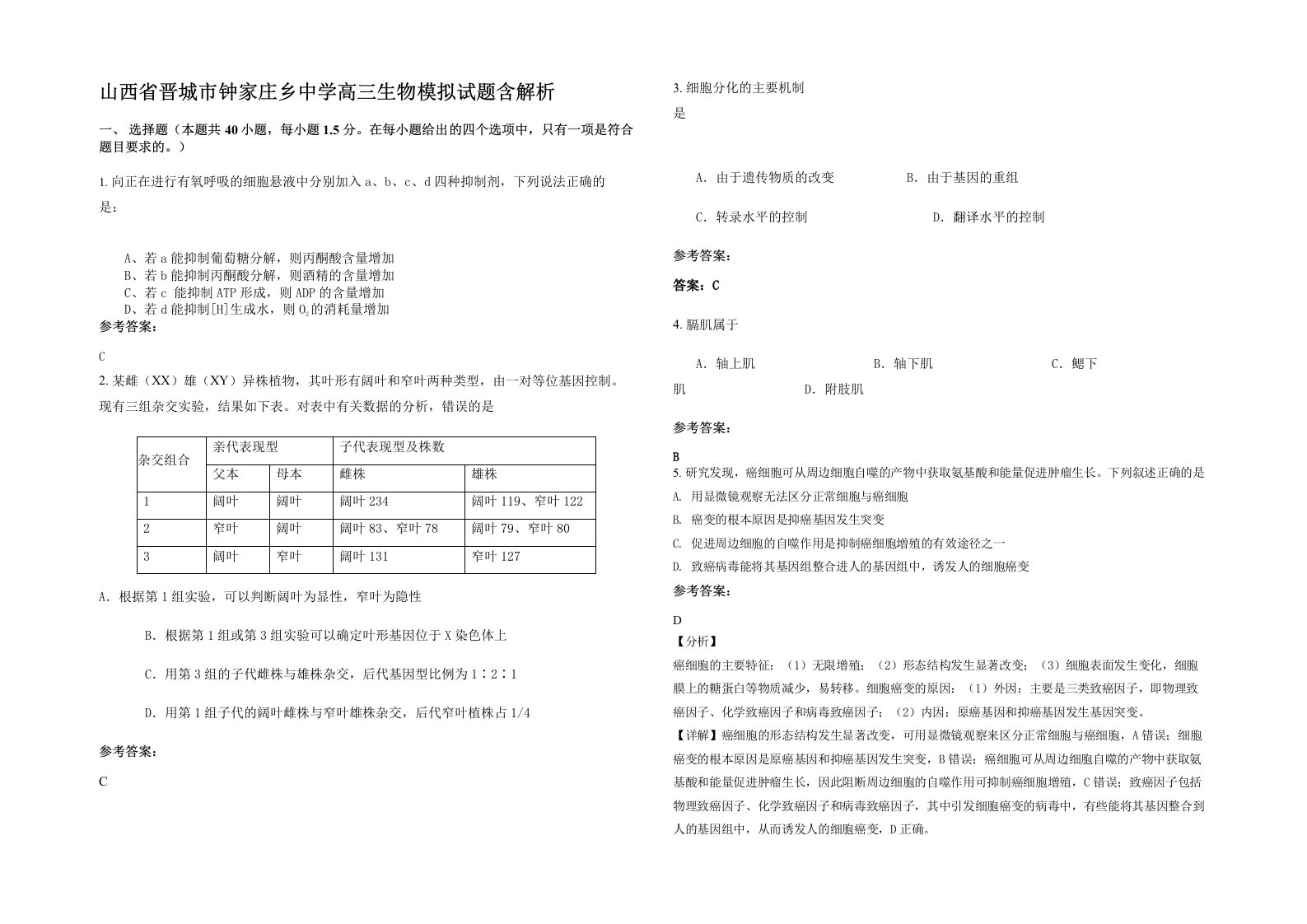 山西省晋城市钟家庄乡中学高三生物模拟试题含解析