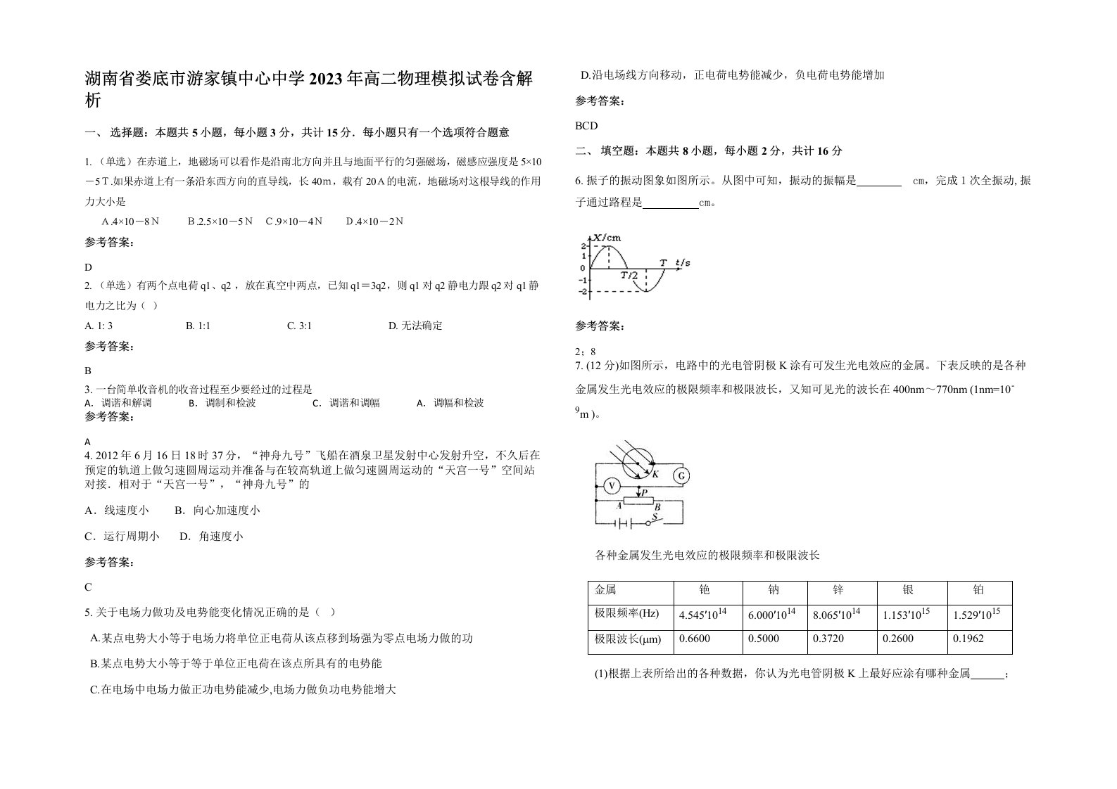 湖南省娄底市游家镇中心中学2023年高二物理模拟试卷含解析