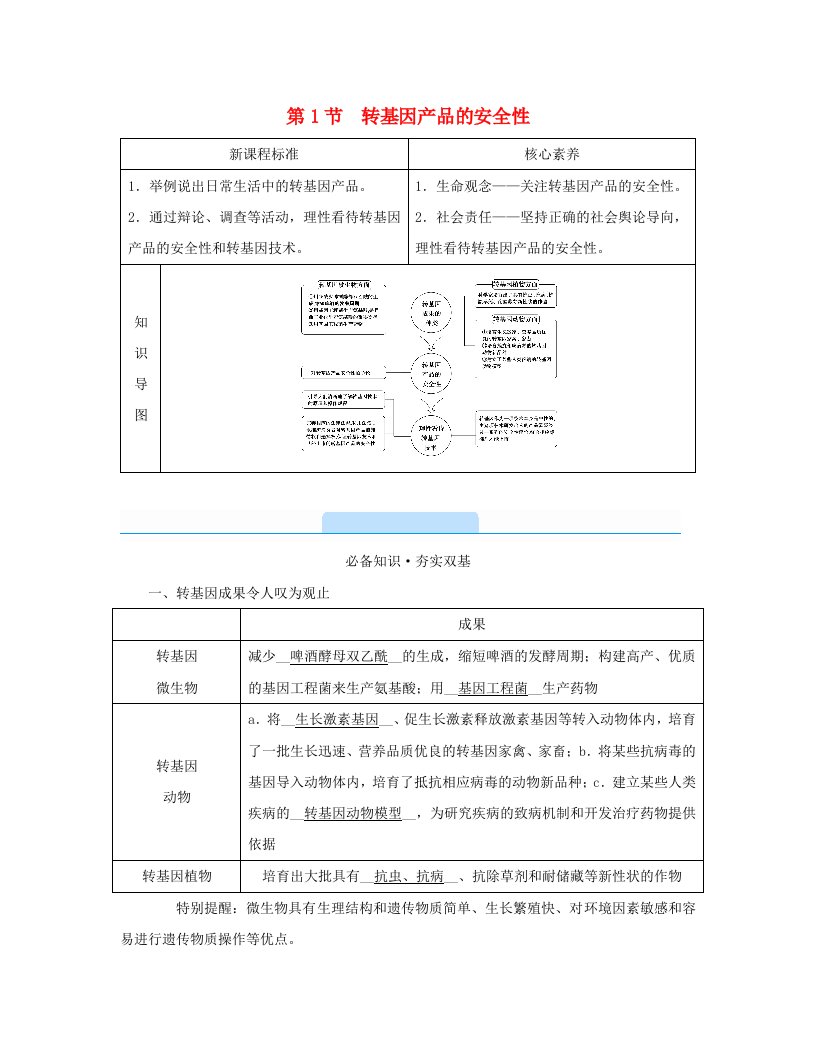 新教材2023年高中生物第4章禁止生物武器第1节转基因产品的安全性学案新人教版选择性必修3