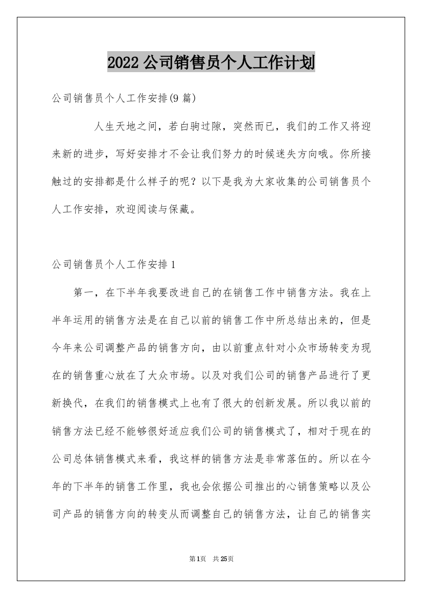 2022公司销售员个人工作计划