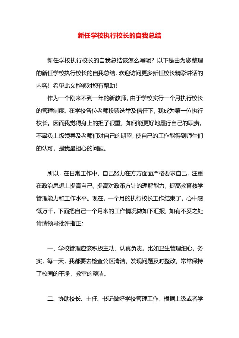 新任学校执行校长的自我总结