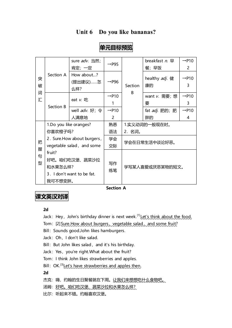 《初中同步测控全优设计》七年级英语人教版上册例题与讲解：Unit6DoyoulikebananasSectionA