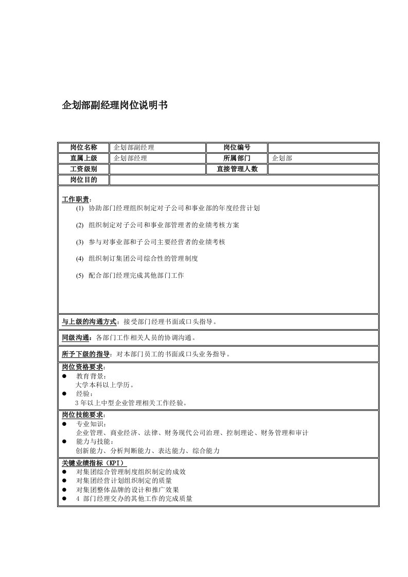 企划部岗位说明书汇编9