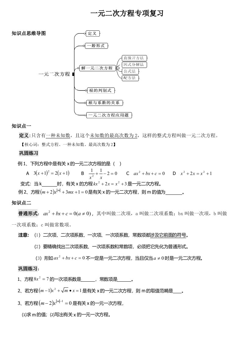 新人教版初三数学一元二次方程专题复习