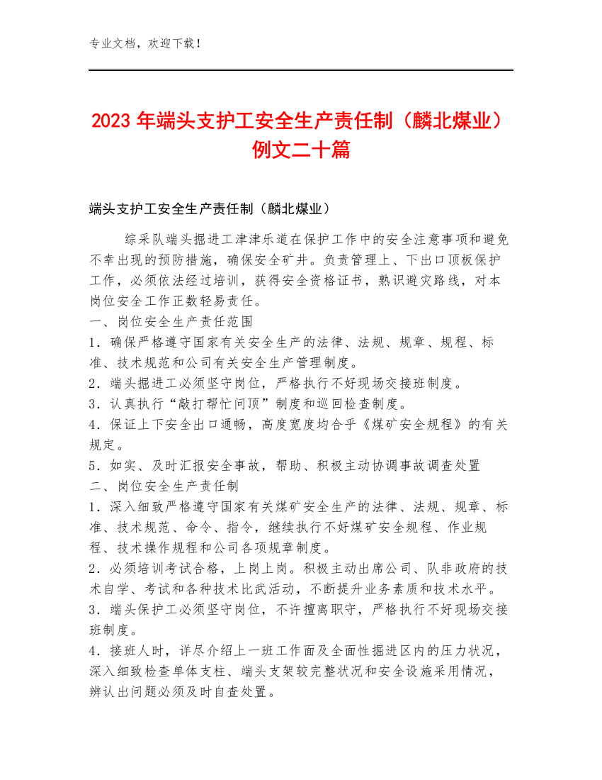 2023年端头支护工安全生产责任制（麟北煤业）例文二十篇