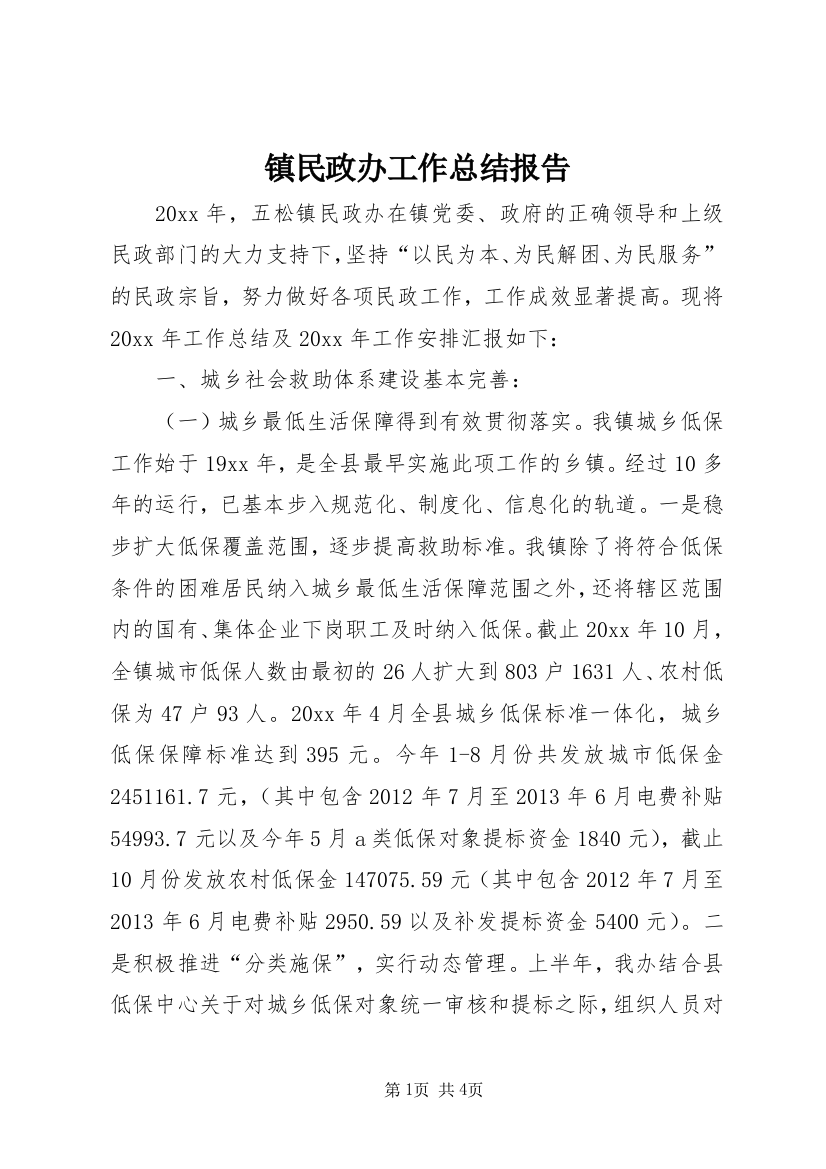 镇民政办工作总结报告