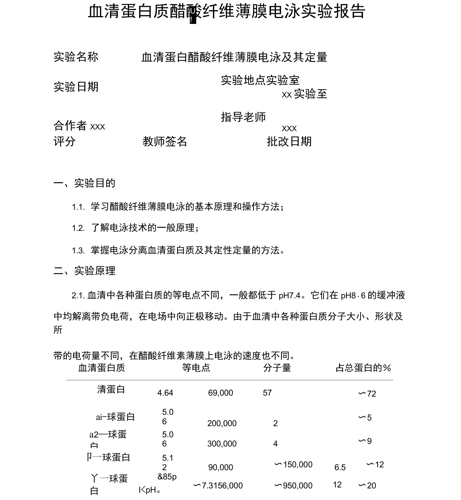 血清蛋白质醋酸纤维薄膜电泳实验报告