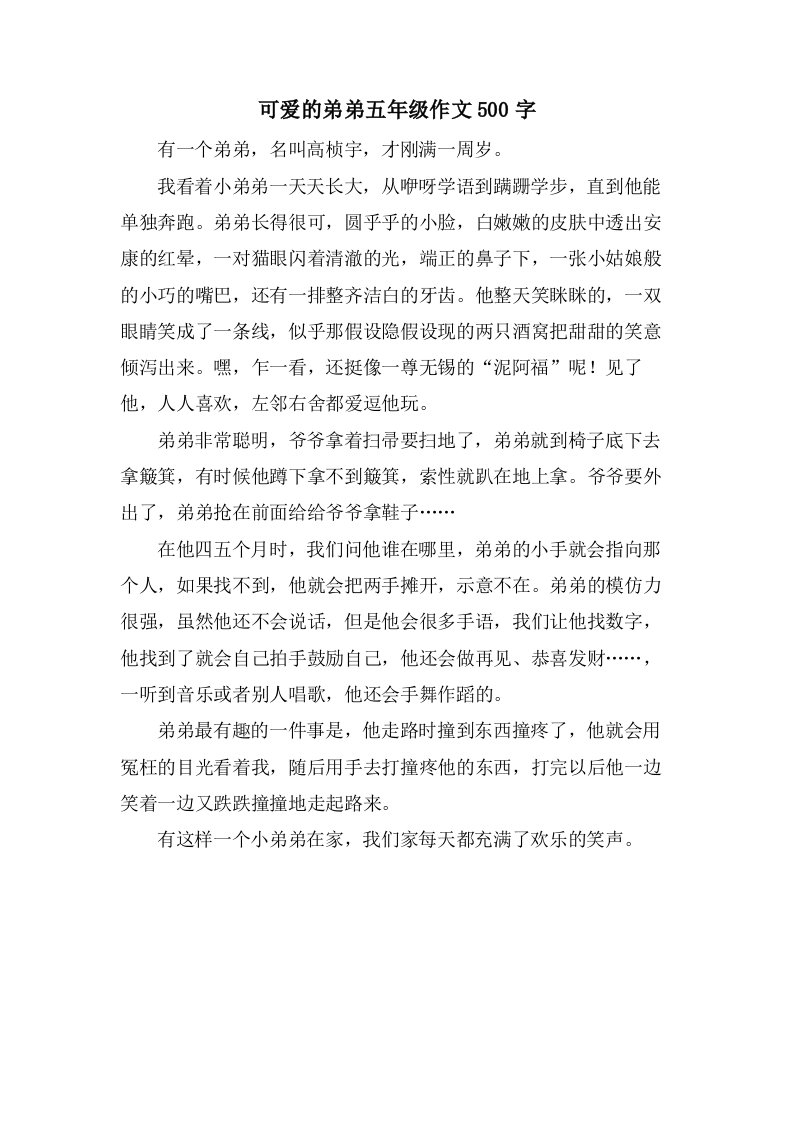 可爱的弟弟五年级作文500字