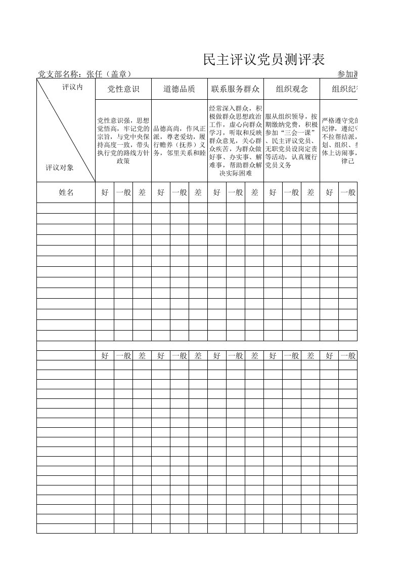 民主评议党员测评表