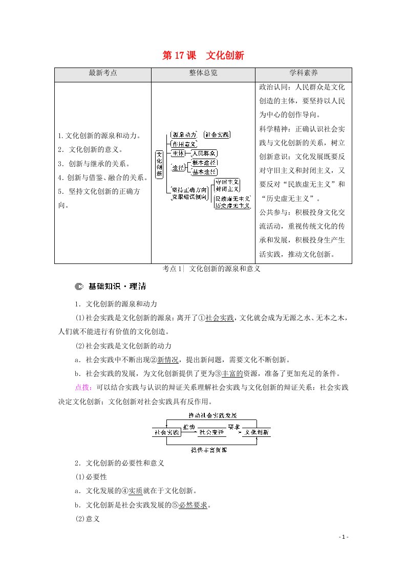 江苏专用2022高考政治一轮复习第7单元文化传播与文化创新第17课文化创新教案