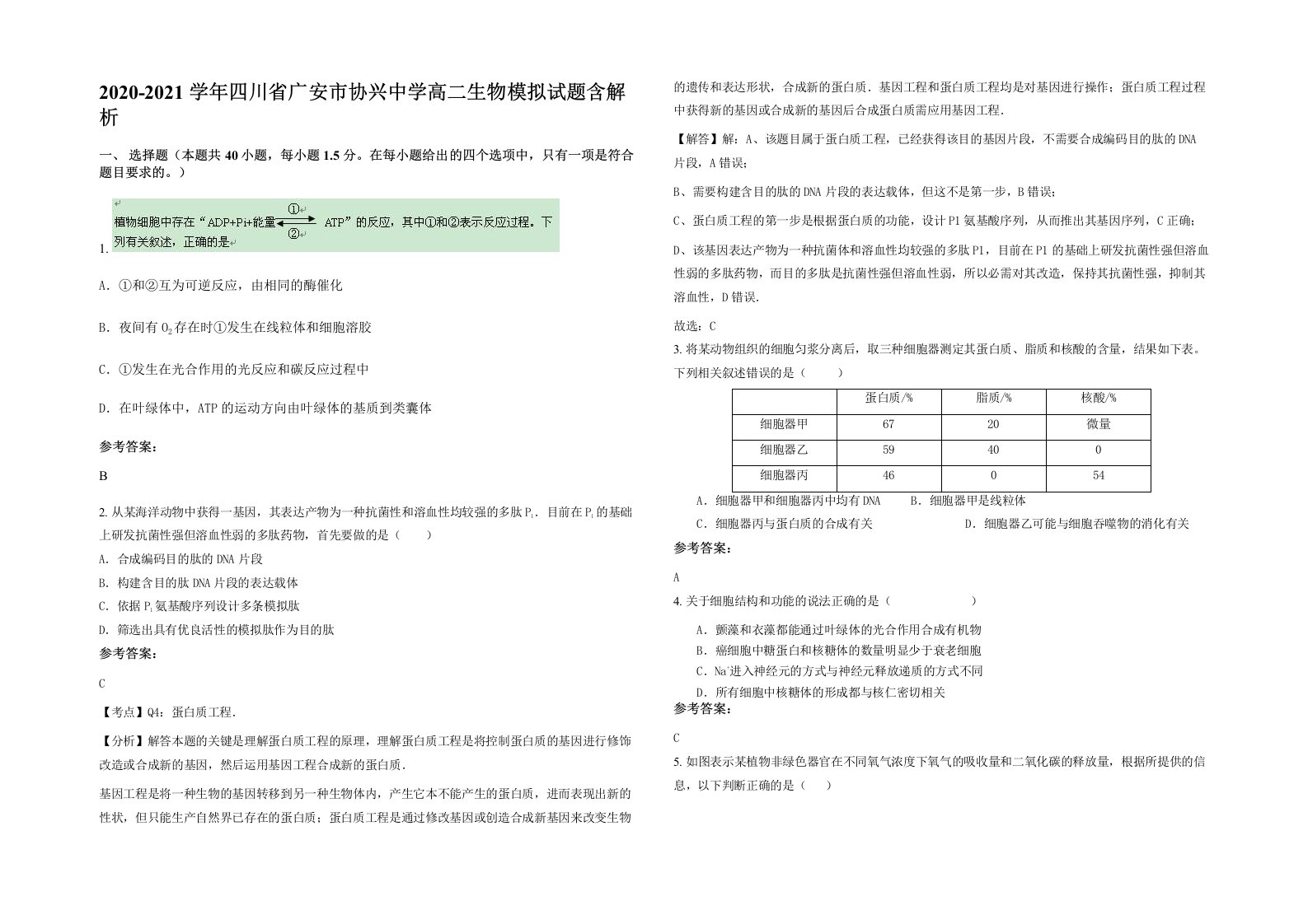 2020-2021学年四川省广安市协兴中学高二生物模拟试题含解析