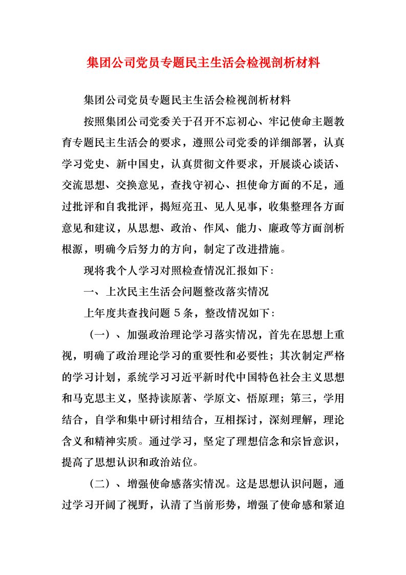 集团公司党员专题民主生活会检视剖析材料