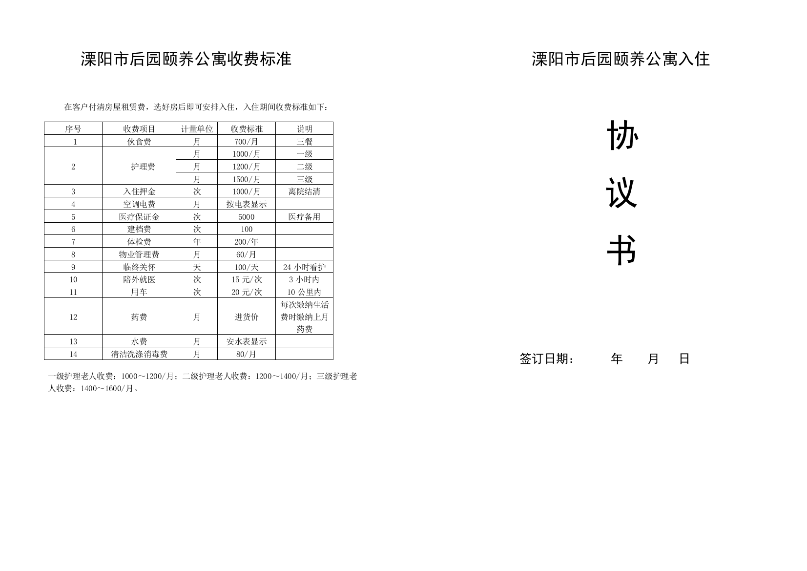 溧阳市后园颐养公寓入住协议书