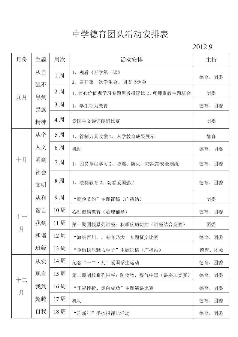 中学团队活动安排表