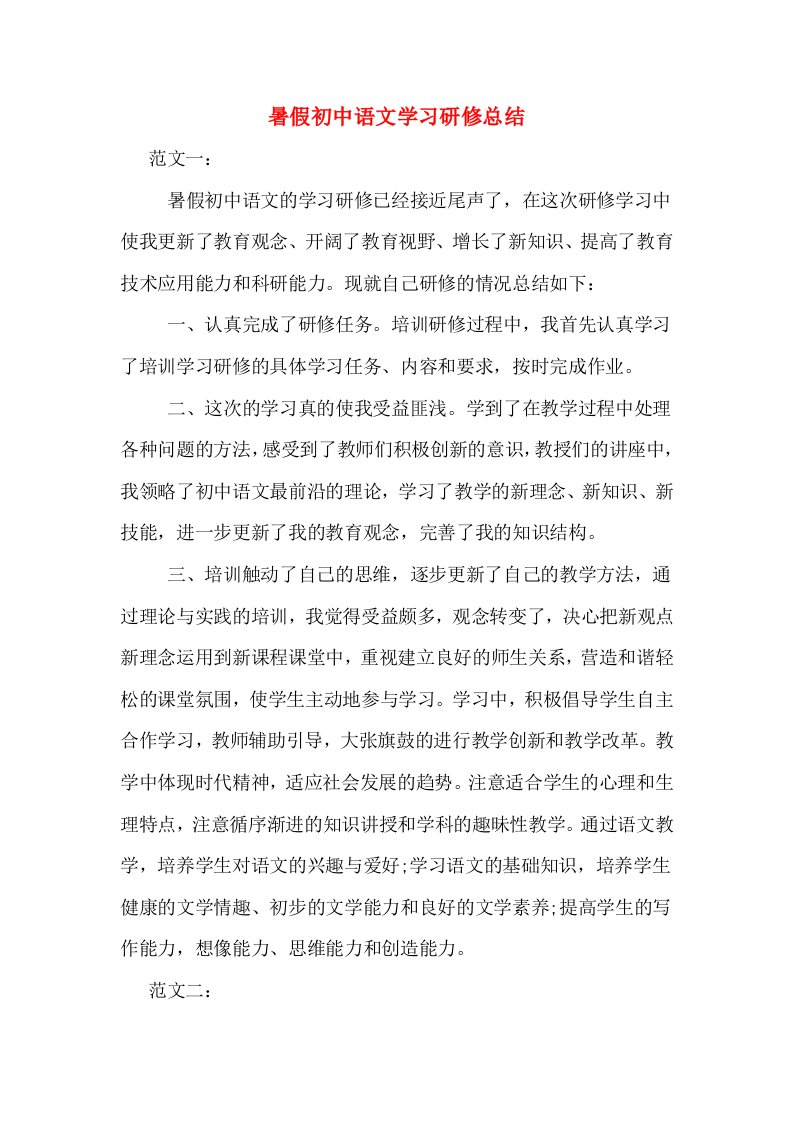 暑假初中语文学习研修总结