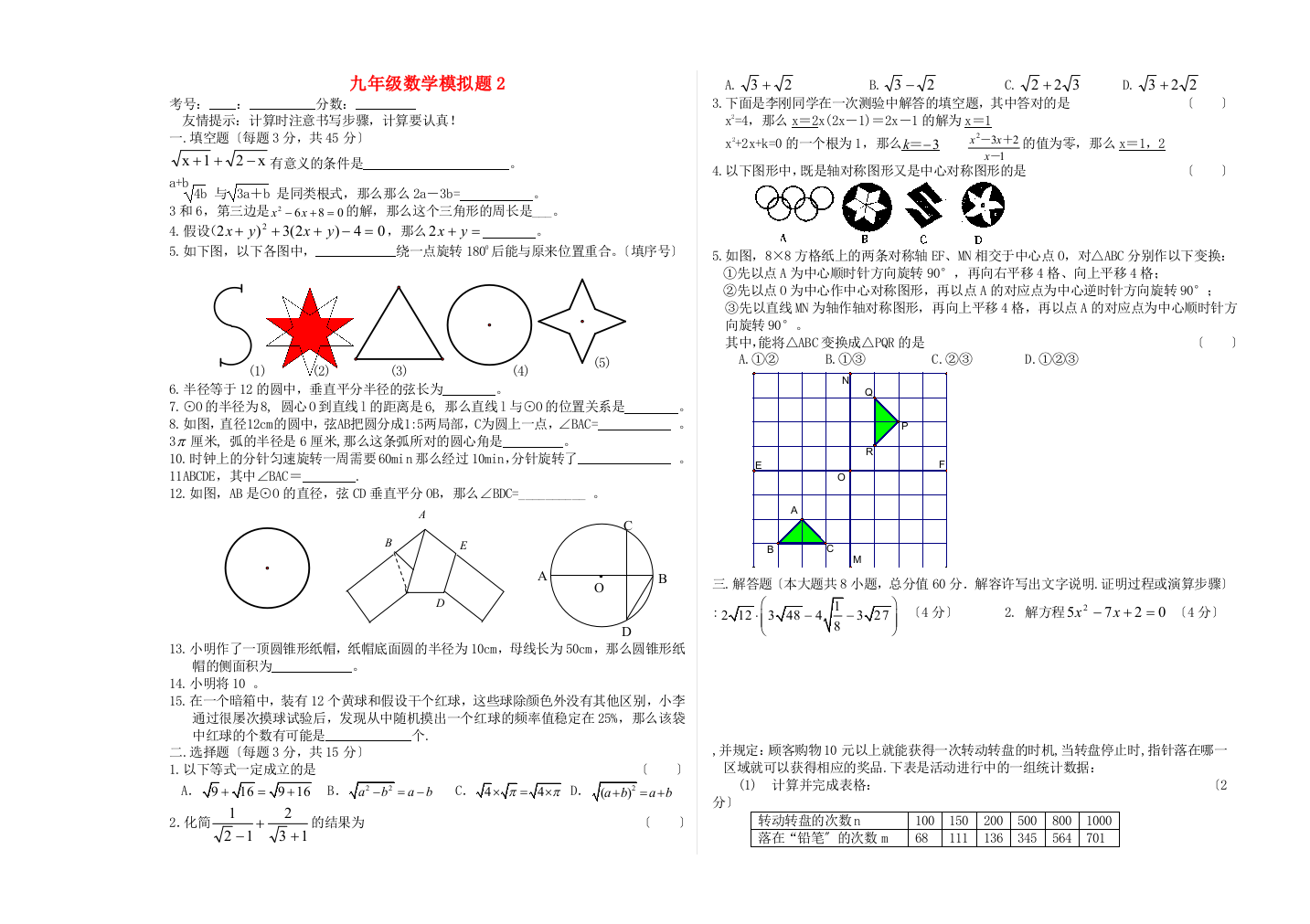 （整理版）九年级数学模拟题2