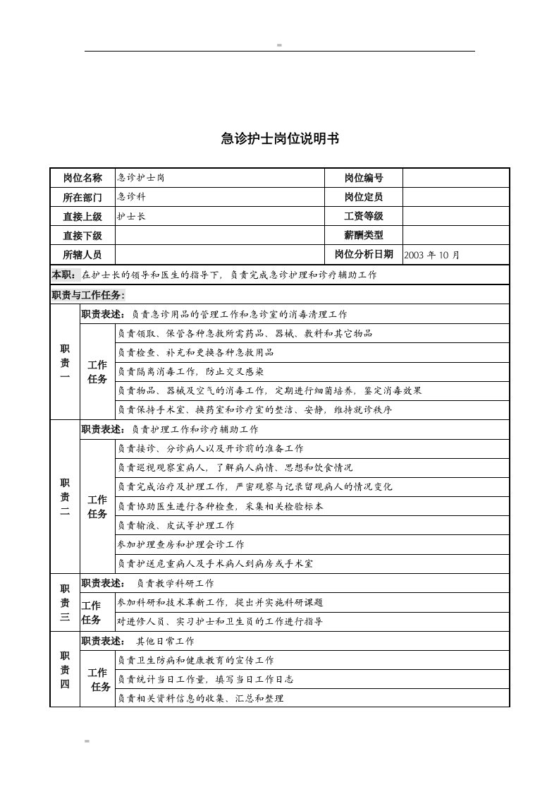 精选湖北新华医院急诊护士岗位说明书