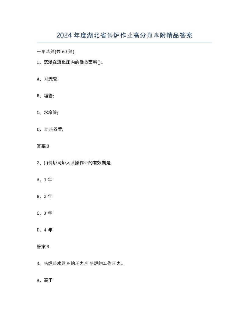 2024年度湖北省锅炉作业高分题库附答案