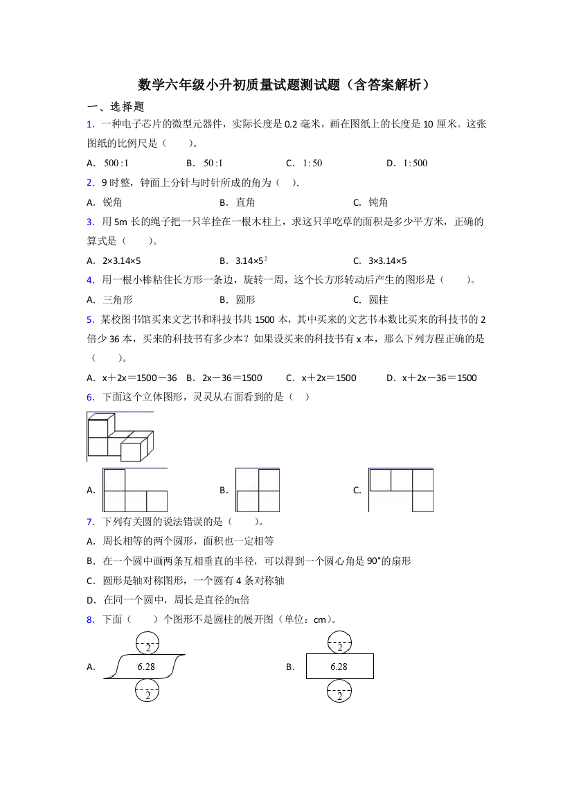 数学六年级小升初质量试题测试题(含答案解析)