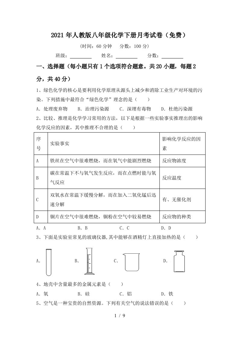 2021年人教版八年级化学下册月考试卷免费