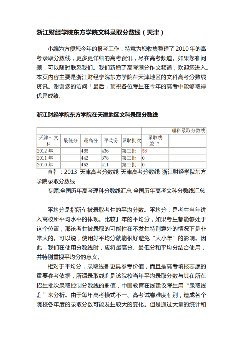 浙江财经学院东方学院文科录取分数线(天津)