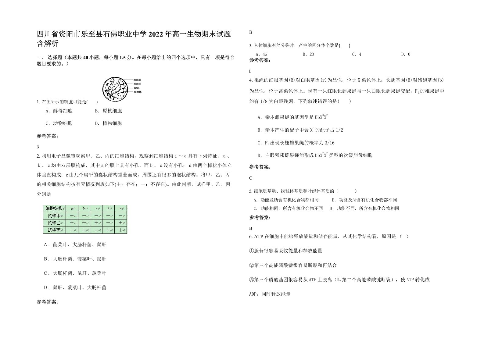 四川省资阳市乐至县石佛职业中学2022年高一生物期末试题含解析