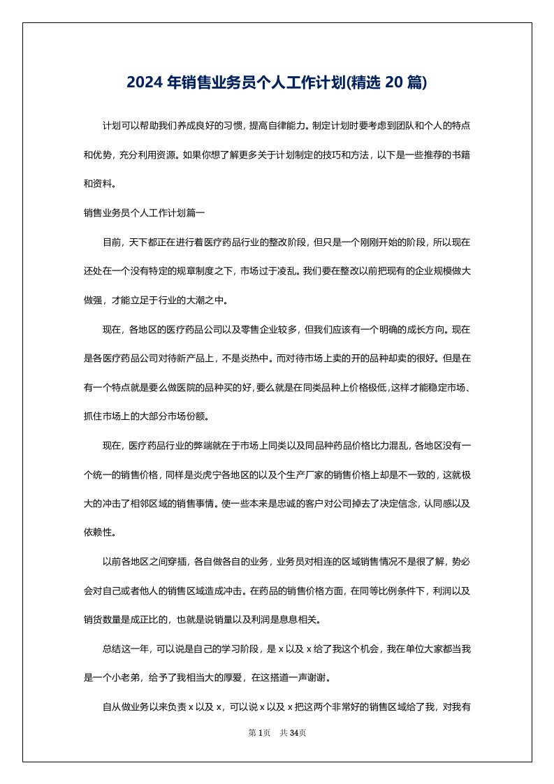 2024年销售业务员个人工作计划(精选20篇)