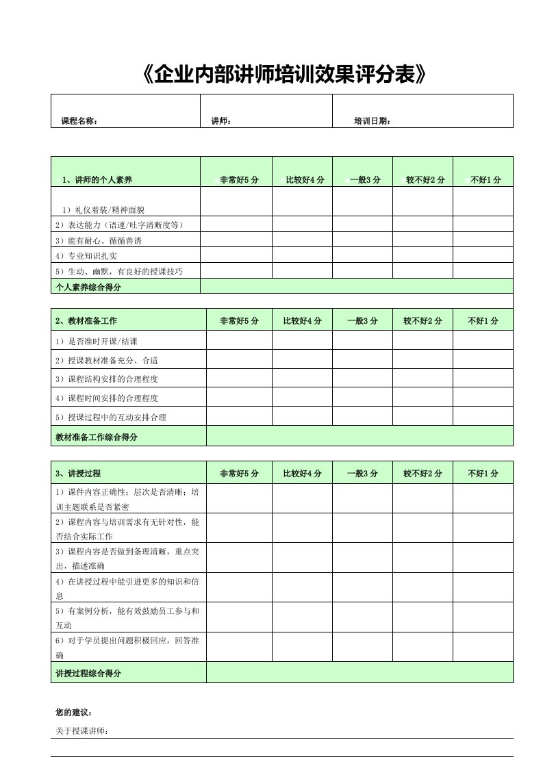 内部讲师培训效果评分表