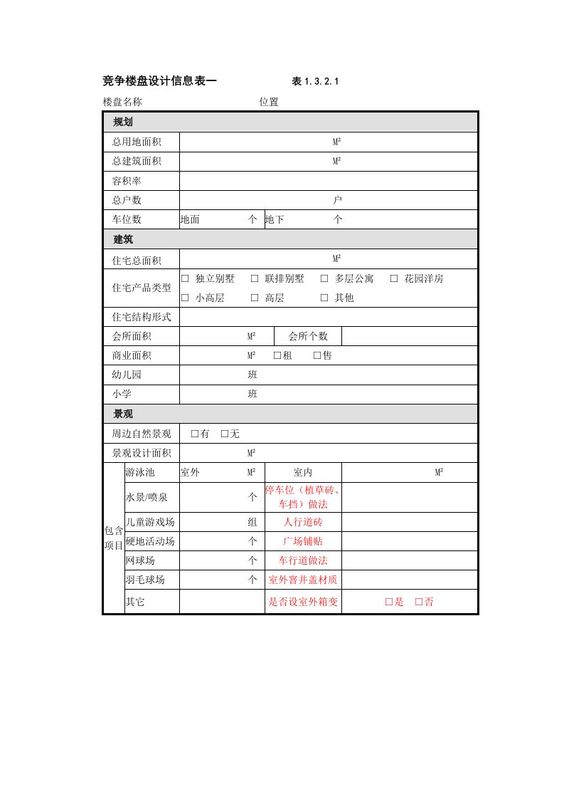 调研表格-住宅-竞争楼盘设计信息表