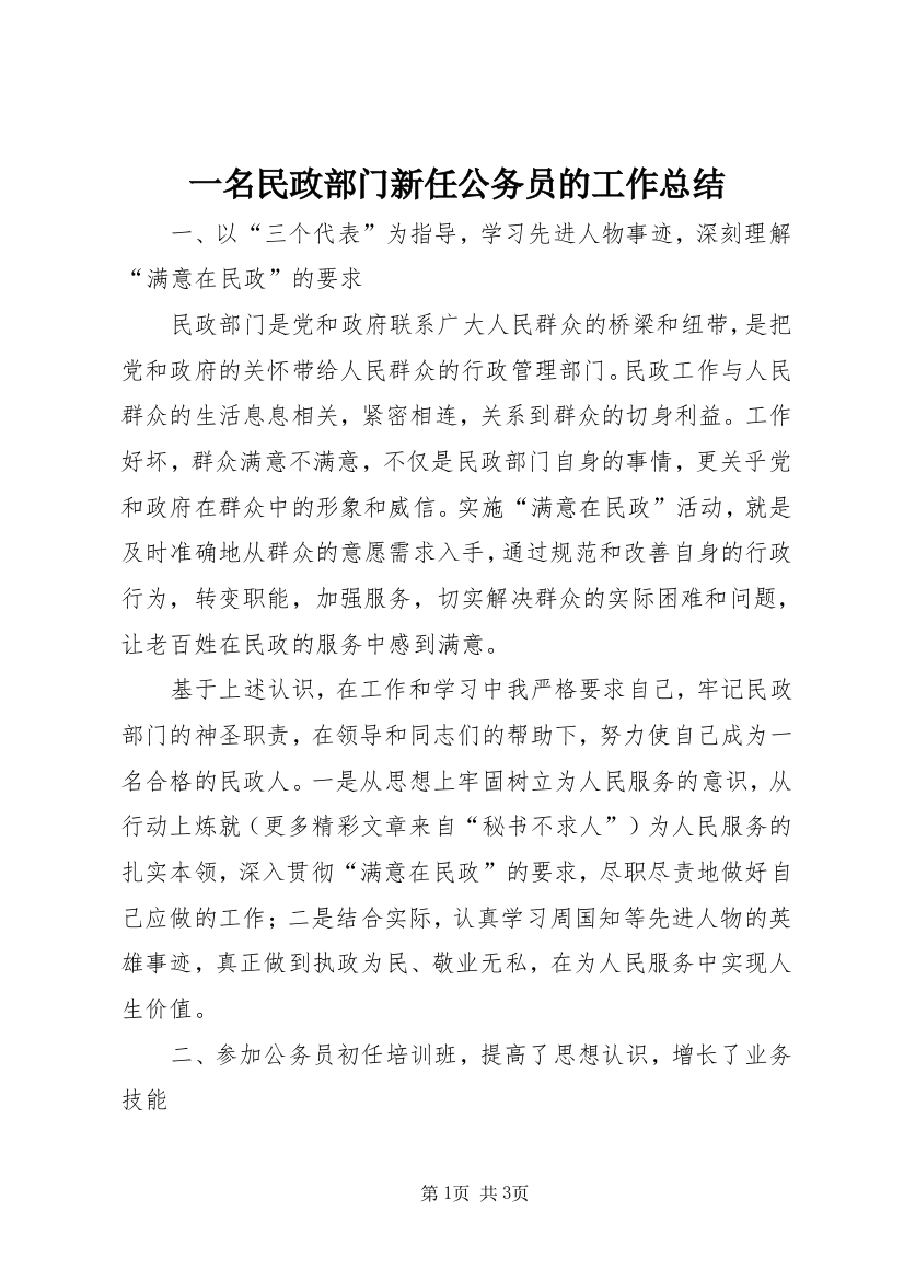 一名民政部门新任公务员的工作总结