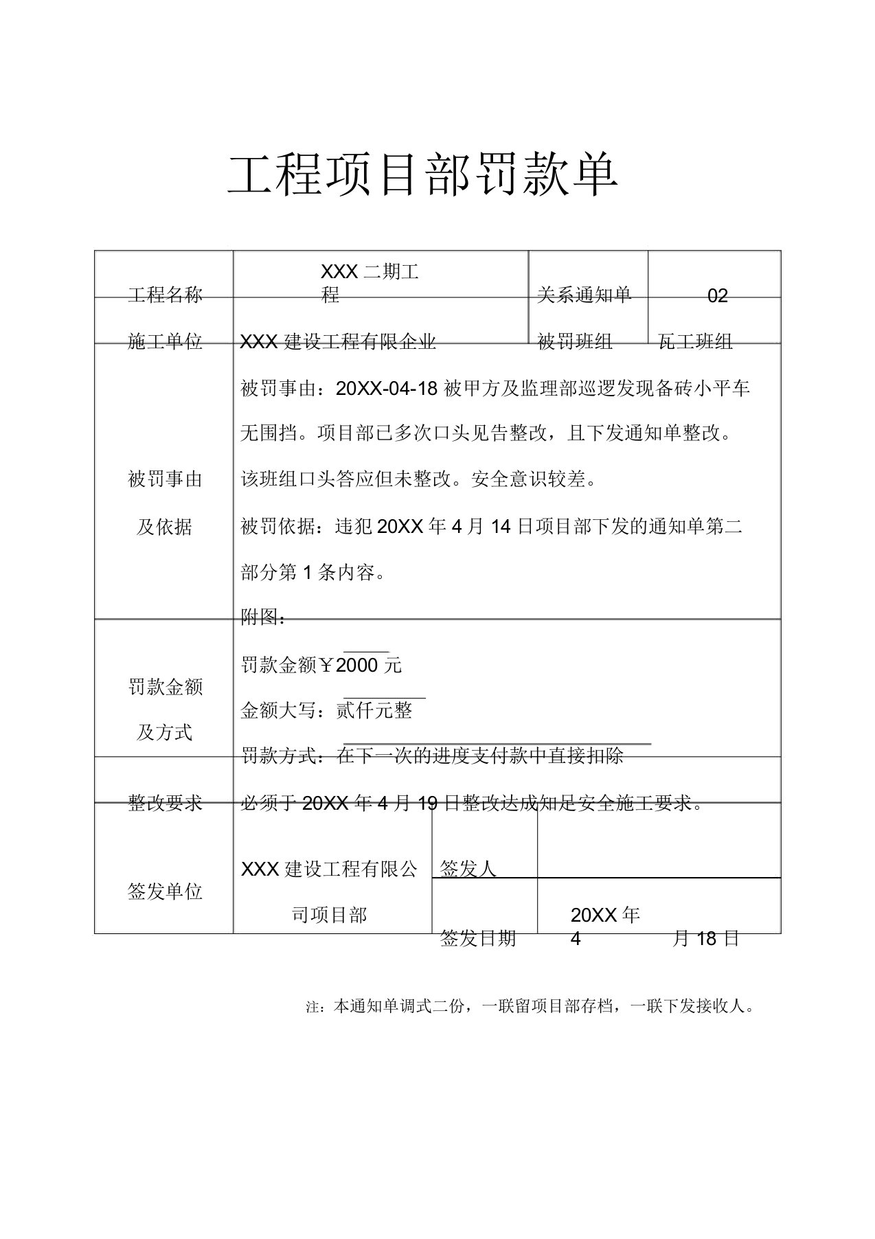 工程项目部罚款单