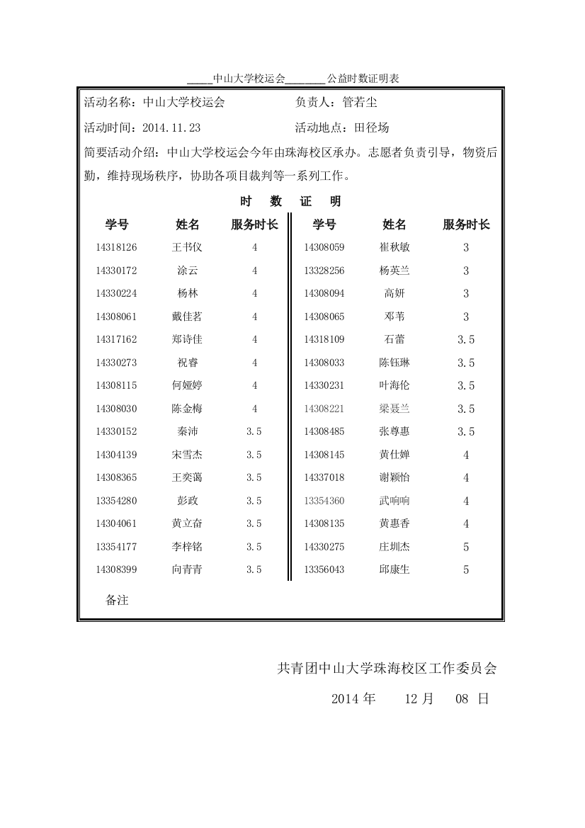 校运会公益时数证明表1