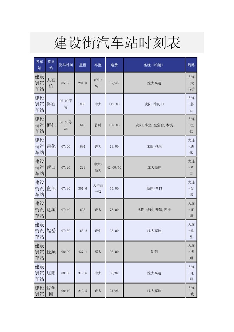 建设街汽车站时刻表