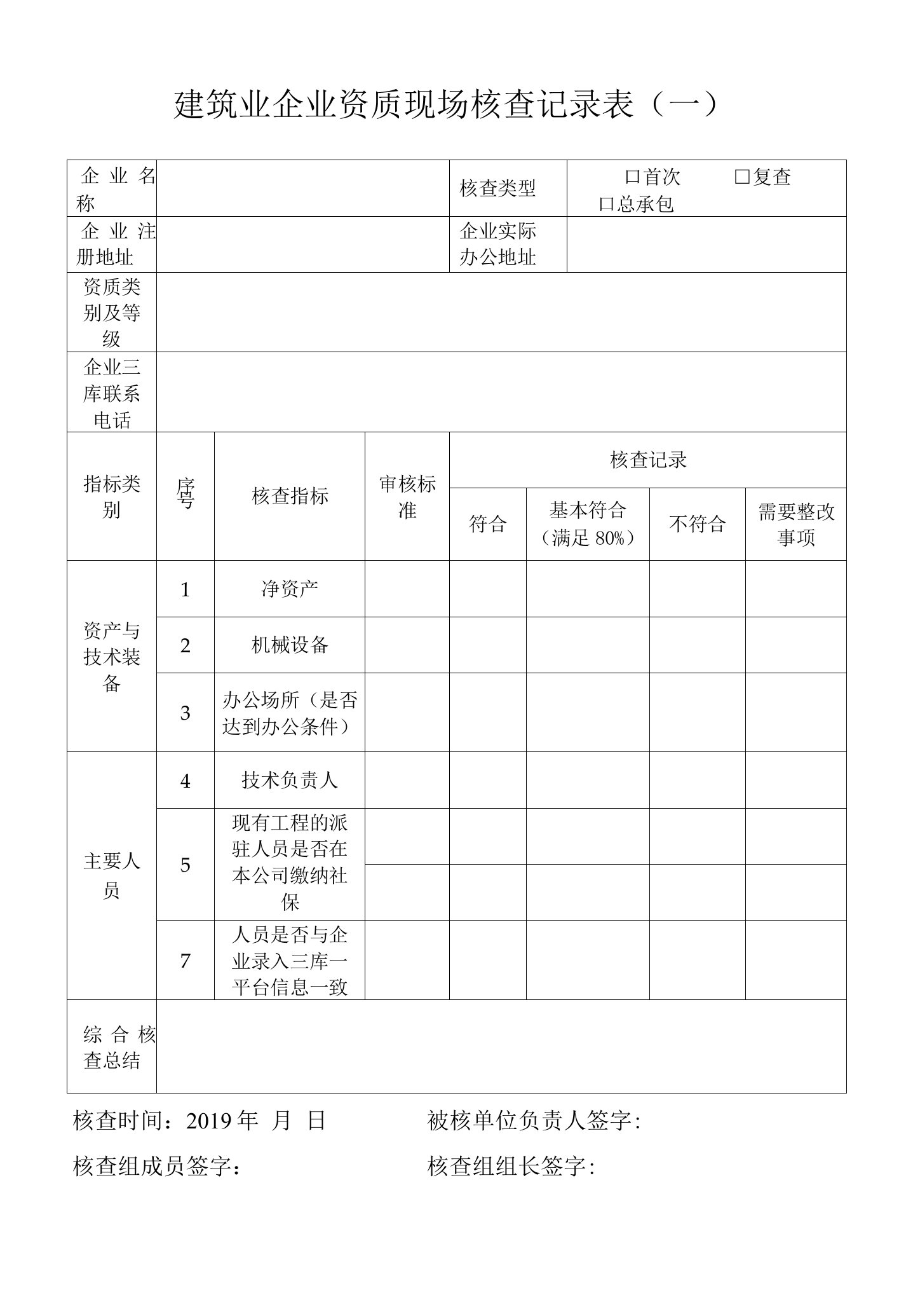 建筑业企业资质现场核查记录表（一）