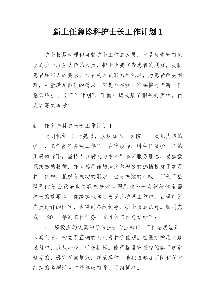 新上任急诊科护士长工作计划1