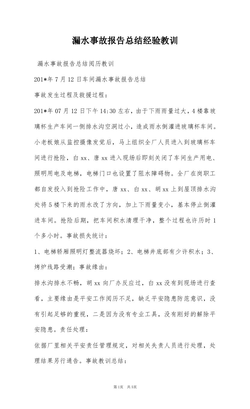 漏水事故报告总结经验教训