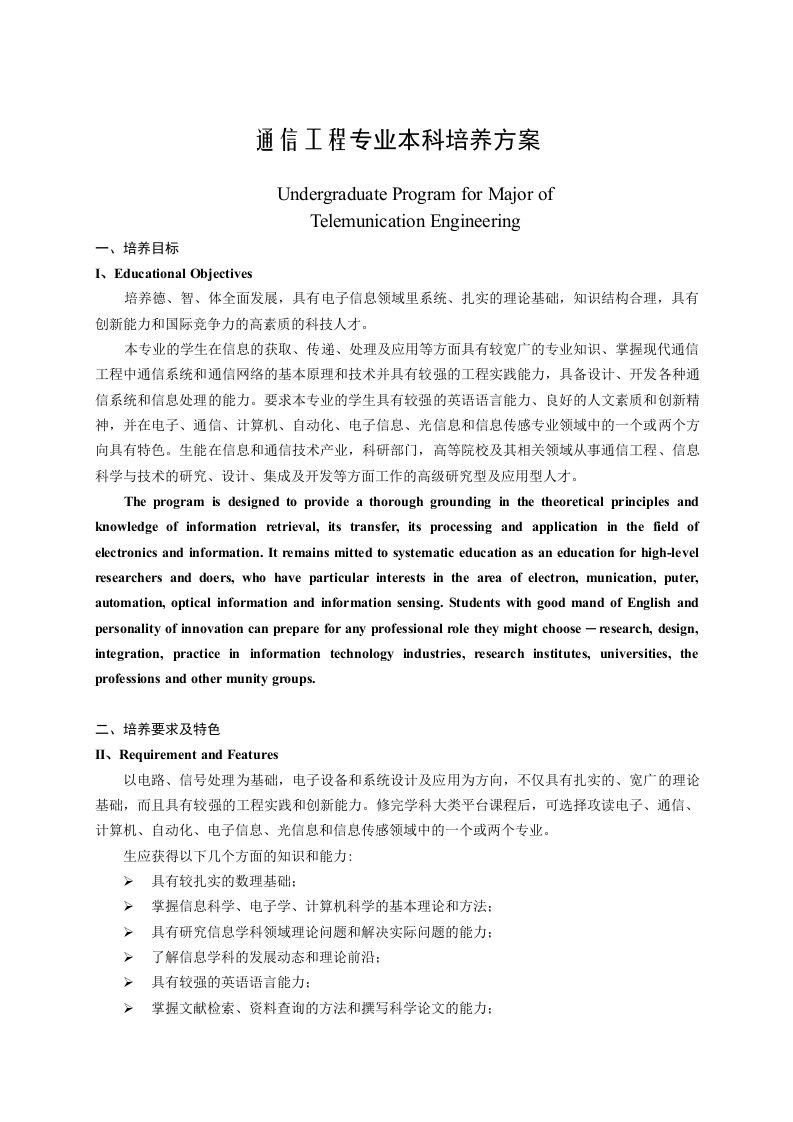 通信行业-通信工程本科专业培养方案