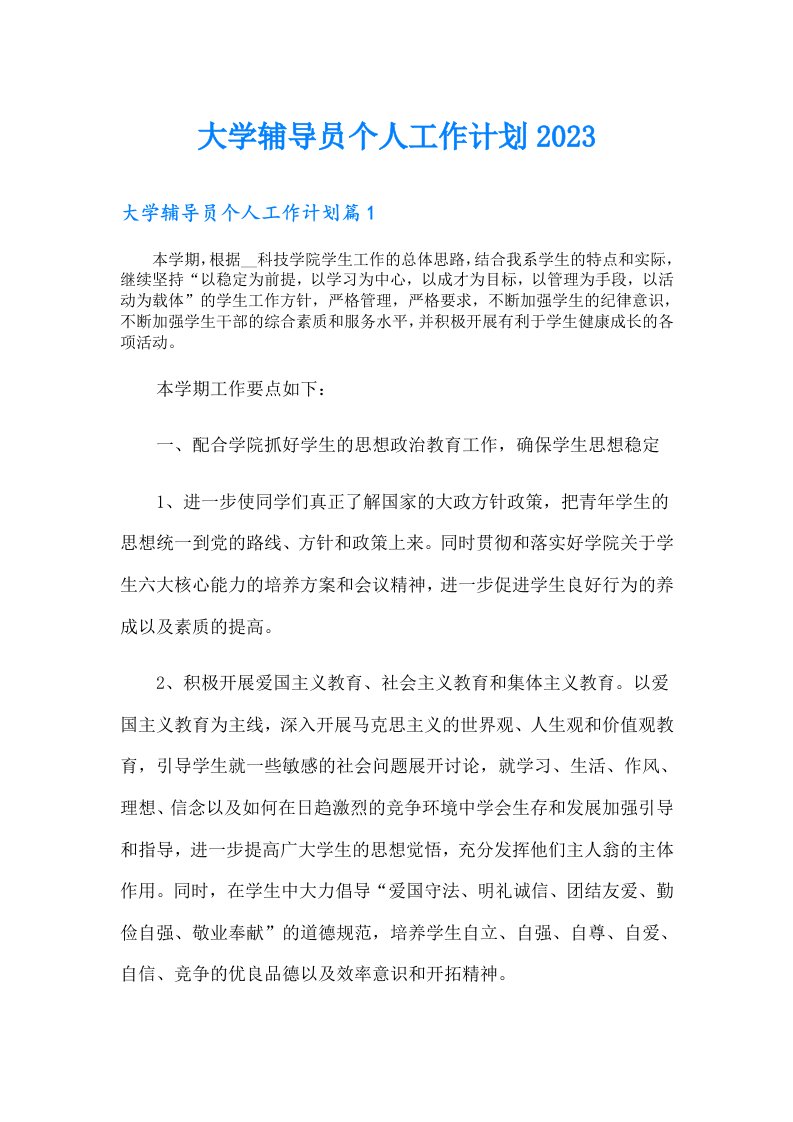 大学辅导员个人工作计划