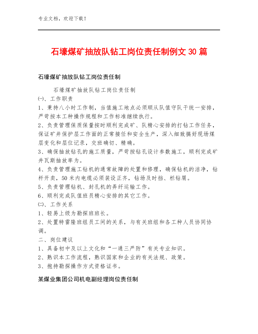 石壕煤矿抽放队钻工岗位责任制例文30篇