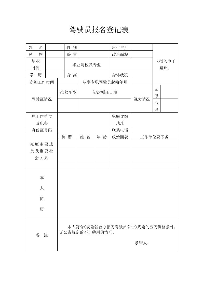 驾驶员报名登记表