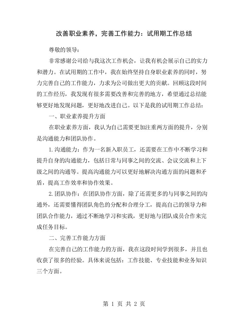 改善职业素养，完善工作能力：试用期工作总结