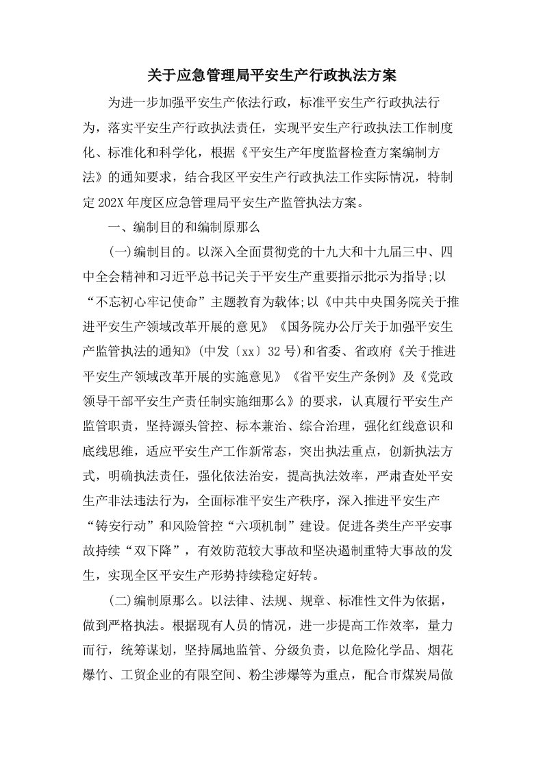 关于应急管理局安全生产行政执法计划