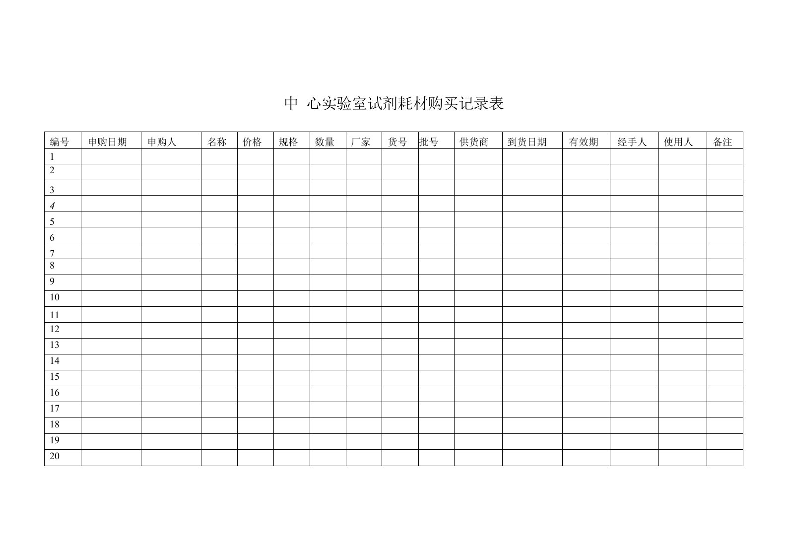 中心实验室试剂耗材购买记录表